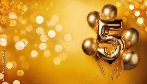 Banner with number 5 golden balloons with copy space. Five years anniversary celebration concept on a yellow background with shiny bokeh. 