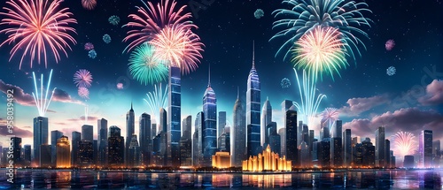 Wallpaper illustration of futuristic cityscape on New Years Eve