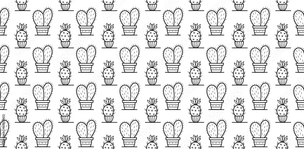 Pattern of cactus in flowerpot on white background. Black and white cactus seamless pattern. Horizontal cactus background Pattern of cactus in flowerpot on white background. Black and white cactus seamless pattern. Horizontal cactus background