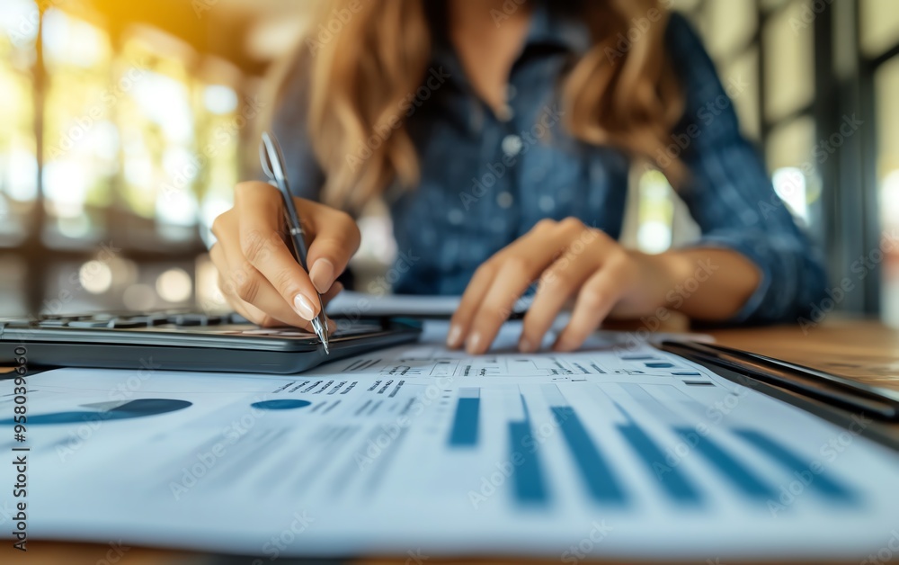 Business and finance concept with a businesswoman calculating financial reports, using data analysis and growth charts for strategic business planning and investment Business and finance concept with a businesswoman calculating financial reports, using data analysis and growth charts for strategic business planning and investment