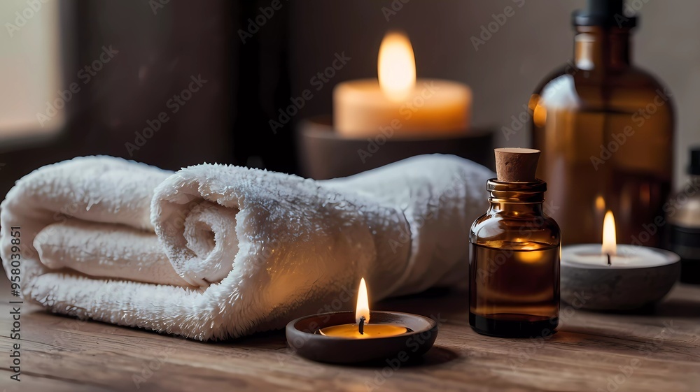A calm spa setting with candles, towels, and essential oils