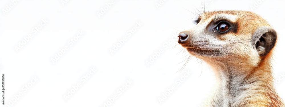A meerkat's face, in tight focus, gazes upward against a pristine white backdrop A meerkat's face, in tight focus, gazes upward against a pristine white backdrop