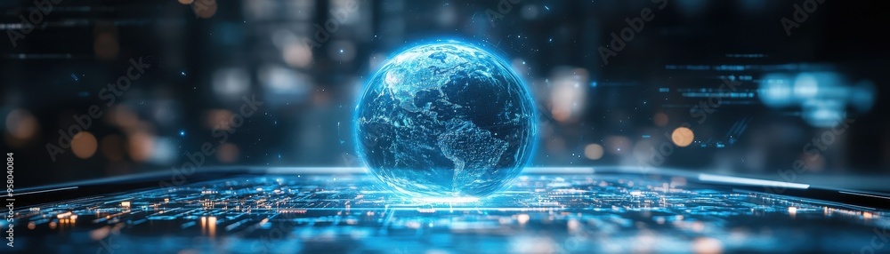 A futuristic depiction of a glowing globe surrounded by digital elements, representing technology and connectivity around the world. A futuristic depiction of a glowing globe surrounded by digital elements, representing technology and connectivity around the world.