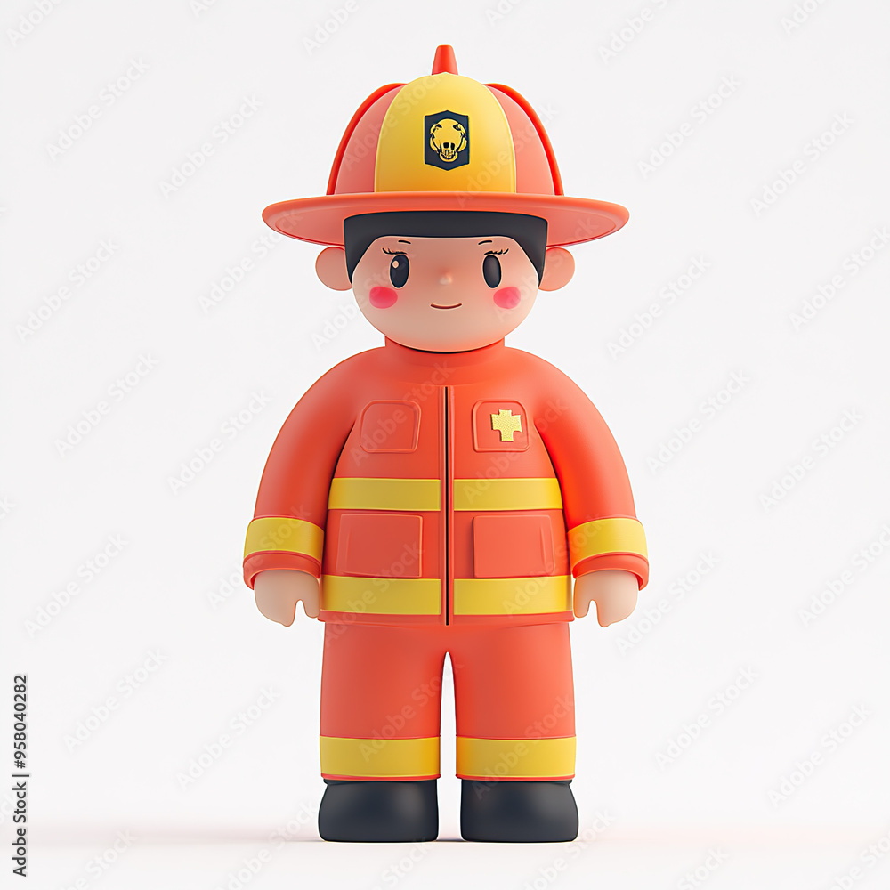 A cute, cartoon-style firefighter with a red and yellow uniform, a helmet, and a friendly face stands against a white background A cute, cartoon-style firefighter with a red and yellow uniform, a helmet, and a friendly face stands against a white background