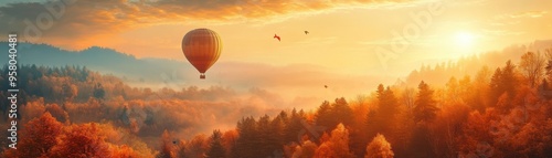 A serene hot air balloon floating above a vibrant autumn landscape at sunset, surrounded by colorful trees and golden light.