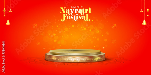 Golden podium on festive red sparkle background with Happy Navratri festival typography. Luxury, Indian Modern, golden, Podium, Showcase stage design for Product display. 