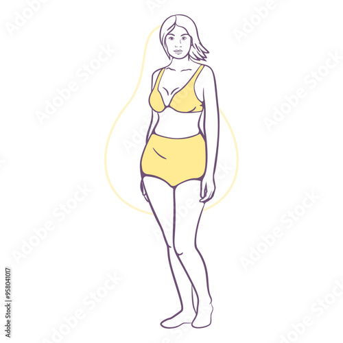 Woman in yellow underwear with body shape pear contoured vector flat illustration