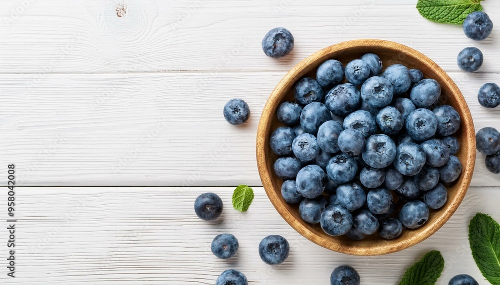 top view of fresh blueberries in bowl on white wooden table
top view of fresh blueberries in bowl on white wooden table