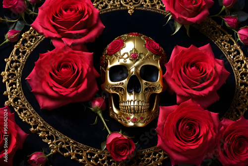 Golden skull and the Red Roses. Beauty and the Death. Deadly Valentine. Skull surrounded with the Roses