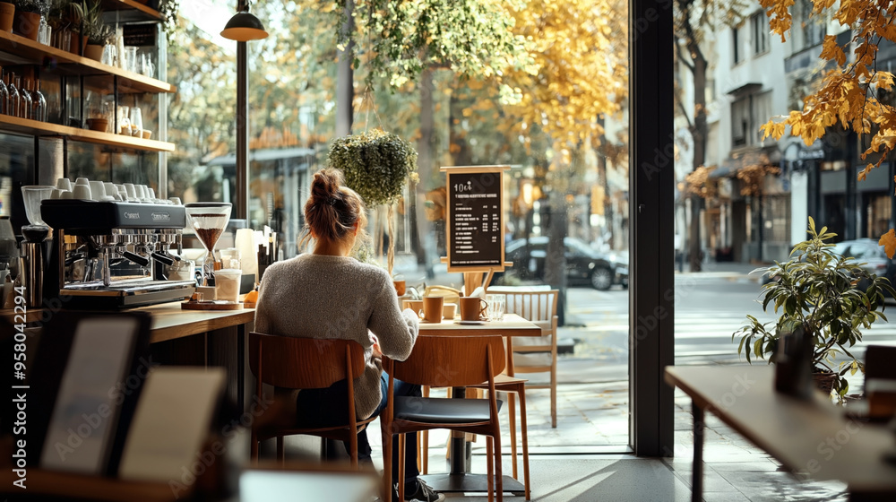 A person sits in a cozy cafe by a window, enjoying a drink while autumn leaves are visible outside. The cafe features a modern espresso machine and greenery decor. A person sits in a cozy cafe by a window, enjoying a drink while autumn leaves are visible outside. The cafe features a modern espresso machine and greenery decor.