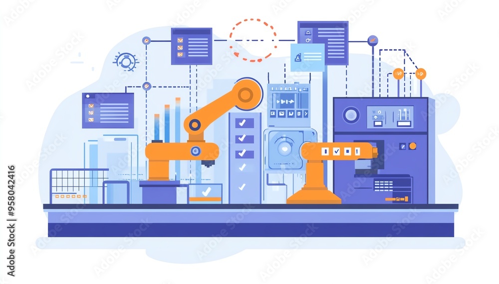 Concept of automation in industrial processes, showcasing workflow optimization with checkboxes and detailed visuals of streamlined business operations Concept of automation in industrial processes, showcasing workflow optimization with checkboxes and detailed visuals of streamlined business operations