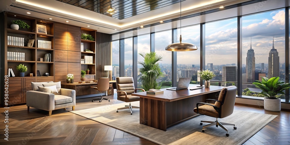 A cutting-edge office space boasting stylish furniture, expansive windows, and a creative workspace, expertly designed A cutting-edge office space boasting stylish furniture, expansive windows, and a creative workspace, expertly designed