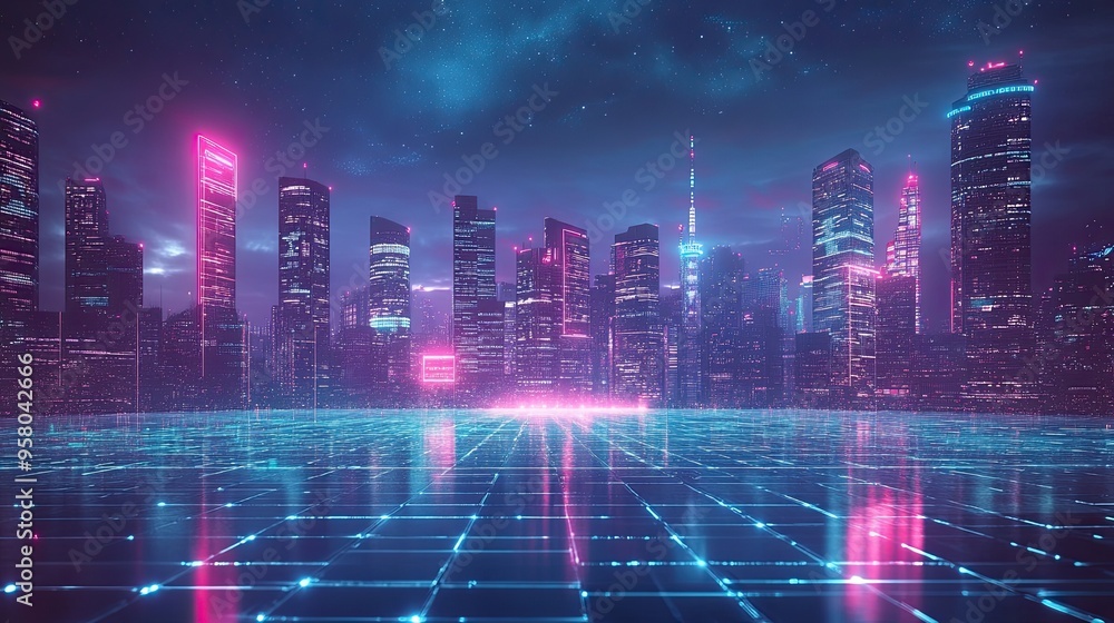 4. A futuristic album cover design featuring a city skyline at night, with neon lights reflecting off the glass skyscrapers, and a glowing digital grid pattern overlaying the entire scene, hinting at 4. A futuristic album cover design featuring a city skyline at night, with neon lights reflecting off the glass skyscrapers, and a glowing digital grid pattern overlaying the entire scene, hinting at