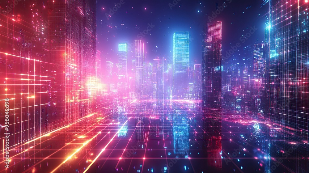 4. A futuristic album cover design featuring a city skyline at night, with neon lights reflecting off the glass skyscrapers, and a glowing digital grid pattern overlaying the entire scene, hinting at 4. A futuristic album cover design featuring a city skyline at night, with neon lights reflecting off the glass skyscrapers, and a glowing digital grid pattern overlaying the entire scene, hinting at