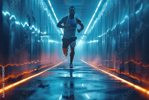 A runner sprints through a neon-lit corridor filled with blue fog during a nighttime training session in an urban environment