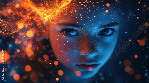 Wallpaper Mural Young child's face lit by glowing orange and blue patterns Torontodigital.ca