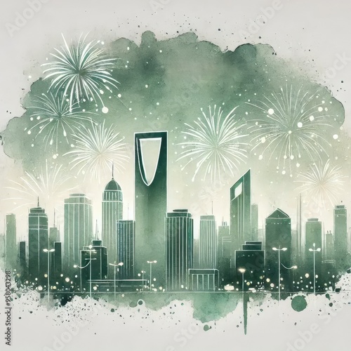 Saudi Arabia National Day Graphic Design with Iconic Landmarks and Flag, Founding Day, National Day Concept