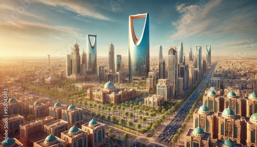 Concept Cityscape of Riyadh on Saudi Arabia's National Day with iconic landmarks
