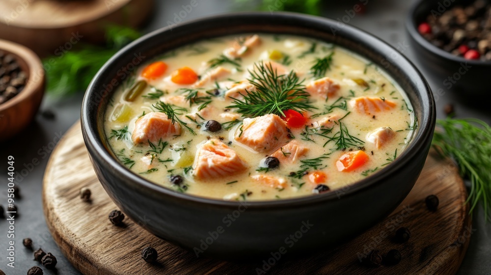 A bowl of soup with a lot of vegetables and fish. The soup is creamy and has a lot of seasoning A bowl of soup with a lot of vegetables and fish. The soup is creamy and has a lot of seasoning