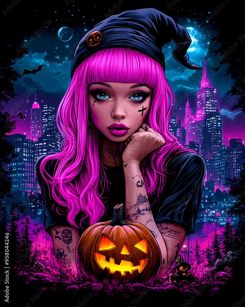 A girl with long pink hair is holding a pumpkin in a city background. The girl is wearing a black shirt and a black hat A girl with long pink hair is holding a pumpkin in a city background. The girl is wearing a black shirt and a black hat