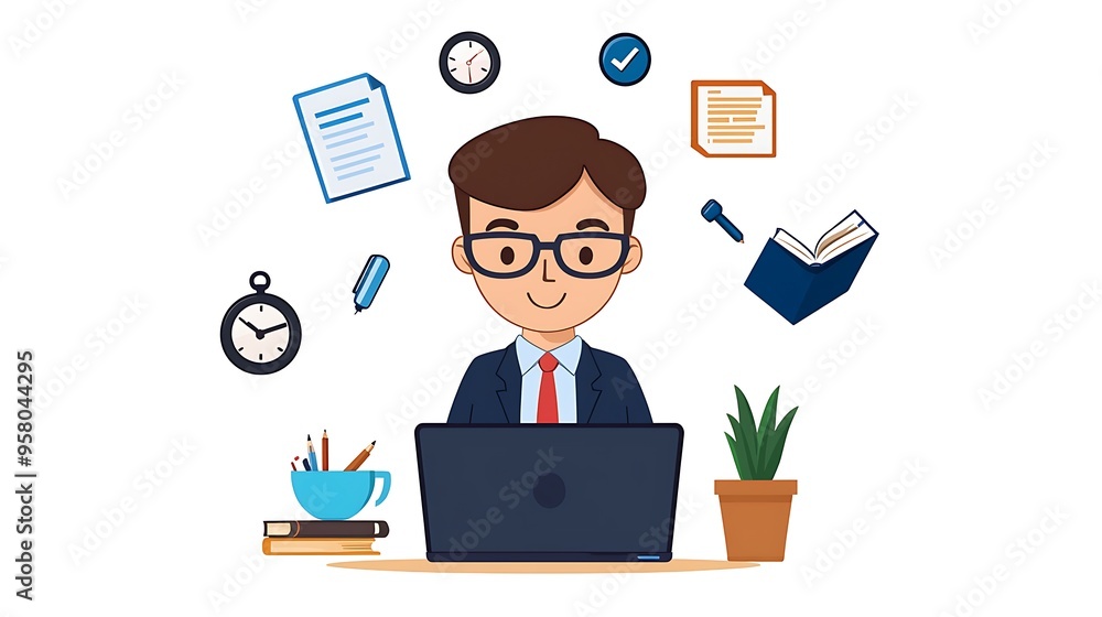 A businessman works on his laptop, surrounded by documents and supplies, focused on his tasks. A businessman works on his laptop, surrounded by documents and supplies, focused on his tasks.