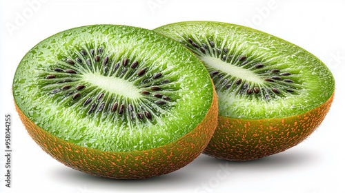 Fresh Kiwi Slices: Two perfectly halved kiwi fruits, revealing their vibrant green flesh and tiny black seeds, create a captivating visual. The crisp, juicy texture and tangy sweetness are almost palp