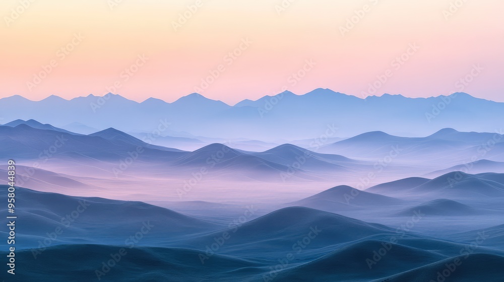 A high-definition, distant view of the Qilian Mountains at dawn, with mist, soft colors, and smooth textures creating a serene and artistic landscape A high-definition, distant view of the Qilian Mountains at dawn, with mist, soft colors, and smooth textures creating a serene and artistic landscape