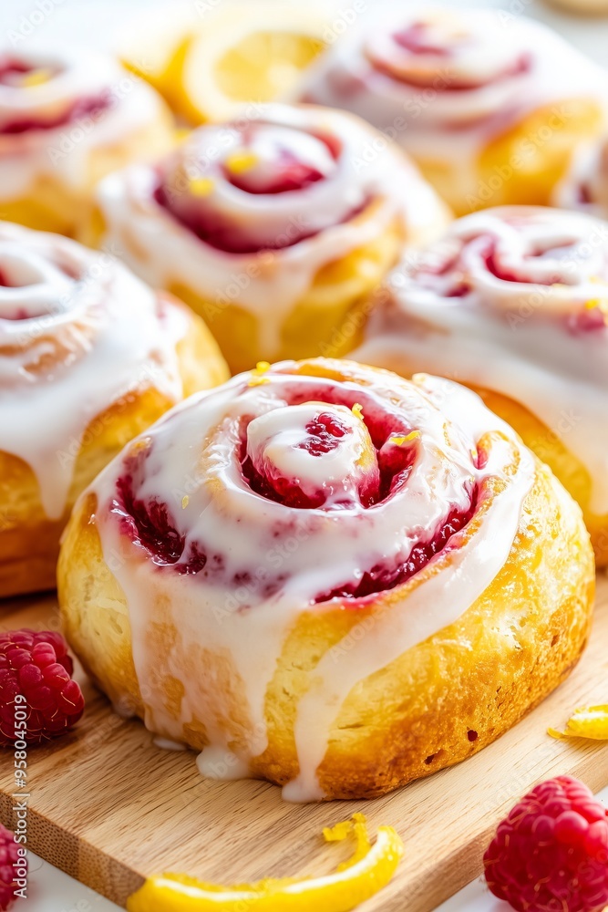freshly baked raspberry lemon sweet rolls topped with a glossy white icing freshly baked raspberry lemon sweet rolls topped with a glossy white icing