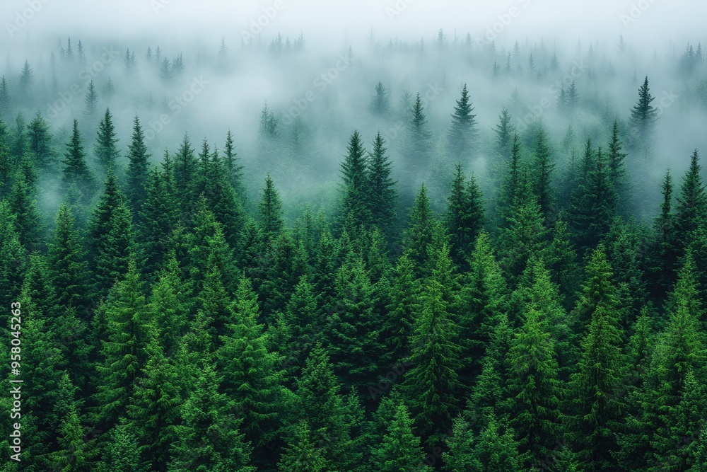 Dense evergreen forest shrouded in mist. Perfect for illustrating concepts of nature, mystery, or tranquility. Dense evergreen forest shrouded in mist. Perfect for illustrating concepts of nature, mystery, or tranquility.