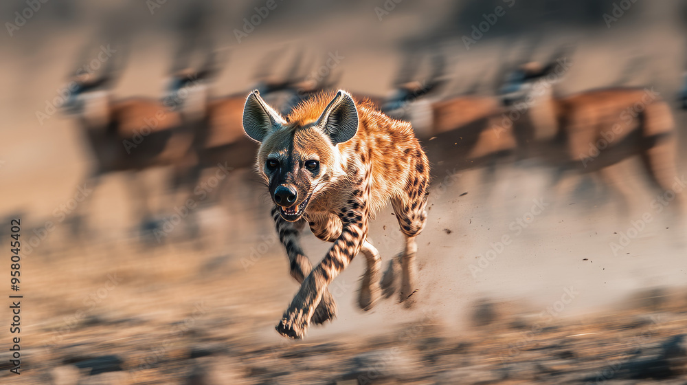 Fototapeta premium Spotted Hyena Running in the Savanna - Wildlife Photography