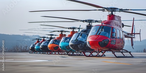 Row of helicopters on ground, varying colors