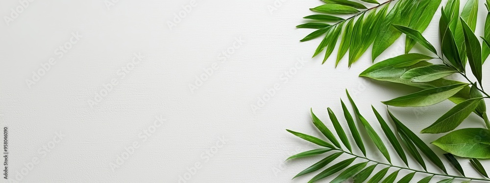 Close-up of a green leafy plant against a clean white background Text space on the left side Close-up of a green leafy plant against a clean white background Text space on the left side