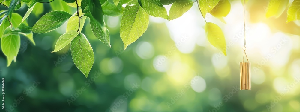 Wind chime suspended from a tree branch with green leaves, sunlight filtering through Wind chime suspended from a tree branch with green leaves, sunlight filtering through
