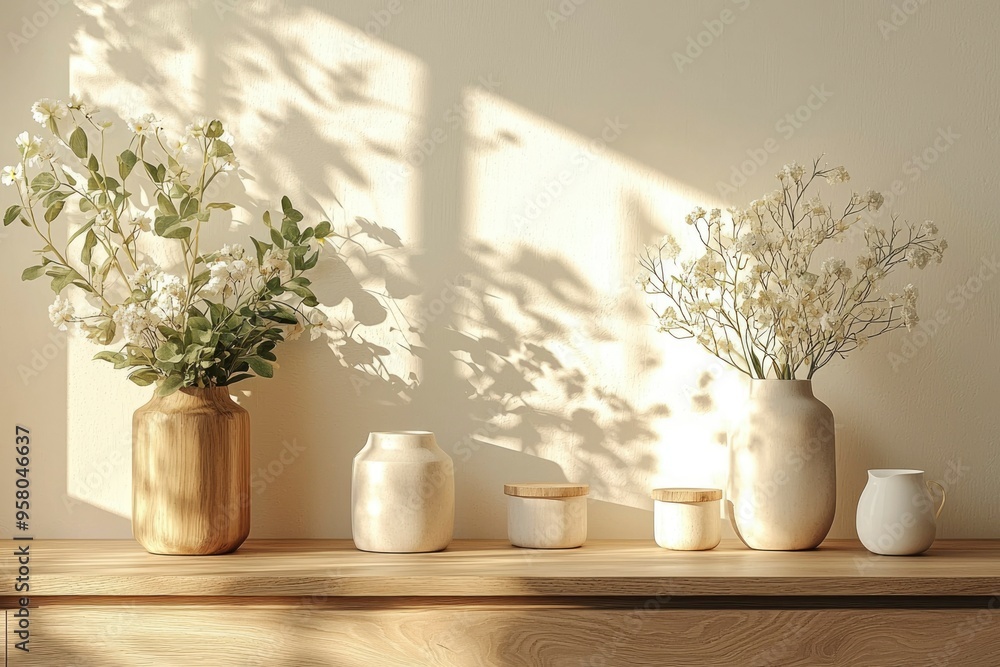 White Flowers in Vases with Wooden Accents on a Wooden Shelf White Flowers in Vases with Wooden Accents on a Wooden Shelf