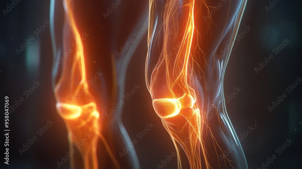 3D illustration of human knees with glowing tendons and ligaments. 3D illustration of human knees with glowing tendons and ligaments.