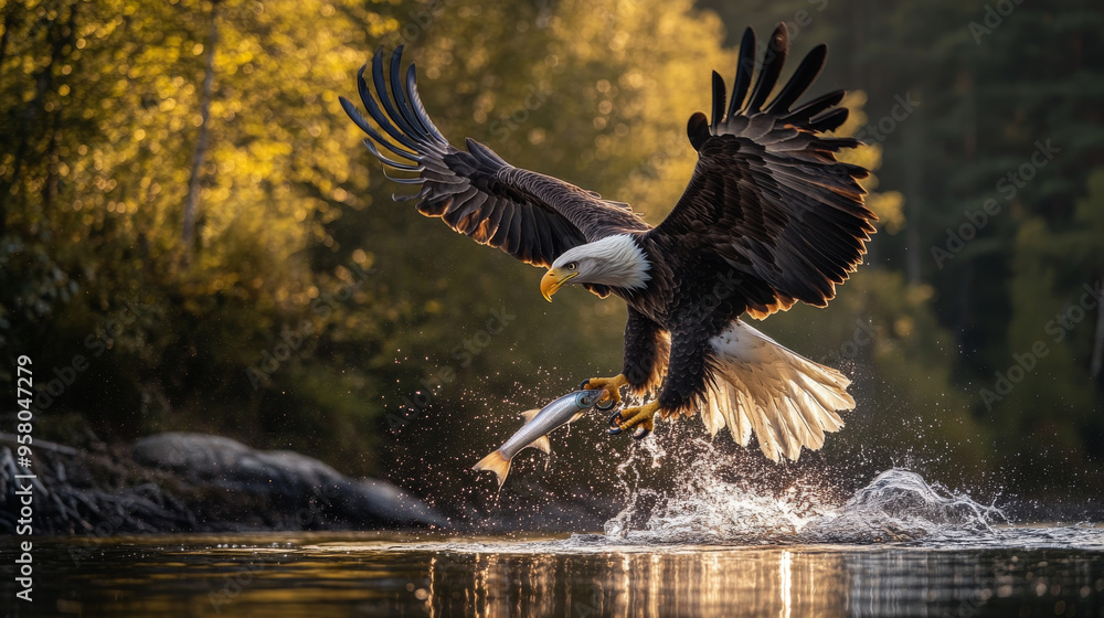 Fototapeta premium Majestic Bald Eagle Catching Fish in River