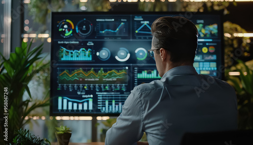 A man is sitting in front of a computer monitor with a lot of graphs