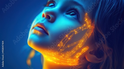 Young girl enveloped in glowing orange and blue digital particles