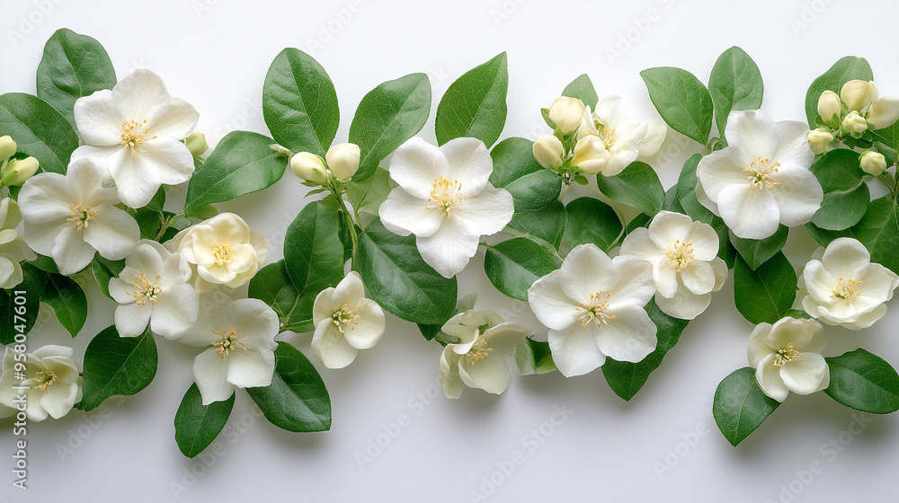 Obraz premium A serene arrangement of delicate white flowers and lush green leaves, perfect for backgrounds, invitations, or botanical themes.