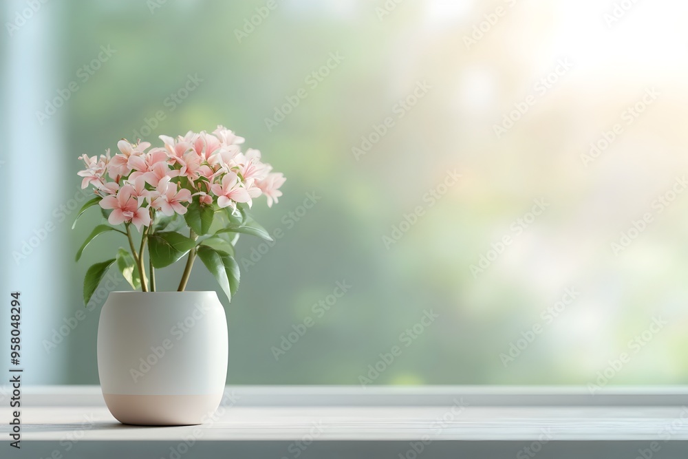 Elegant floral arrangement on a wooden table beside a sunny window Elegant floral arrangement on a wooden table beside a sunny window