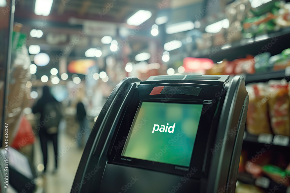 Obraz premium A payment terminal in a supermarket with the word 