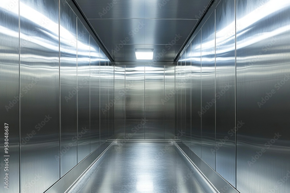 Obraz premium Empty Metallic Corridor with a Single Light Fixture