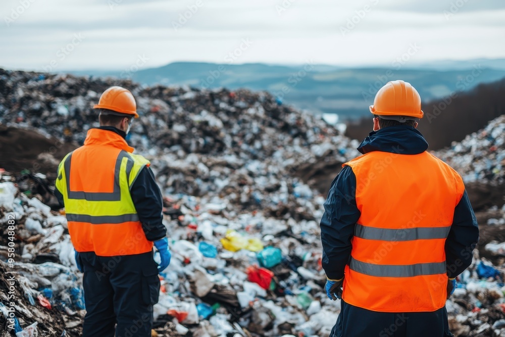 landfill worker in protective gear, standing amidst a pile of waste, symbolizing the importance of environmental protection and waste management. Perfect for environmental, safety theme landfill worker in protective gear, standing amidst a pile of waste, symbolizing the importance of environmental protection and waste management. Perfect for environmental, safety theme