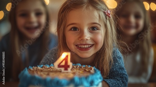 A young girl is holding a cake with the number 4 on it. She is smiling and looking at the camera