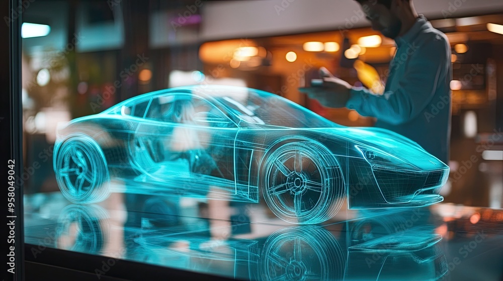 A holographic sports car model is being examined in a vibrant urban showroom A holographic sports car model is being examined in a vibrant urban showroom