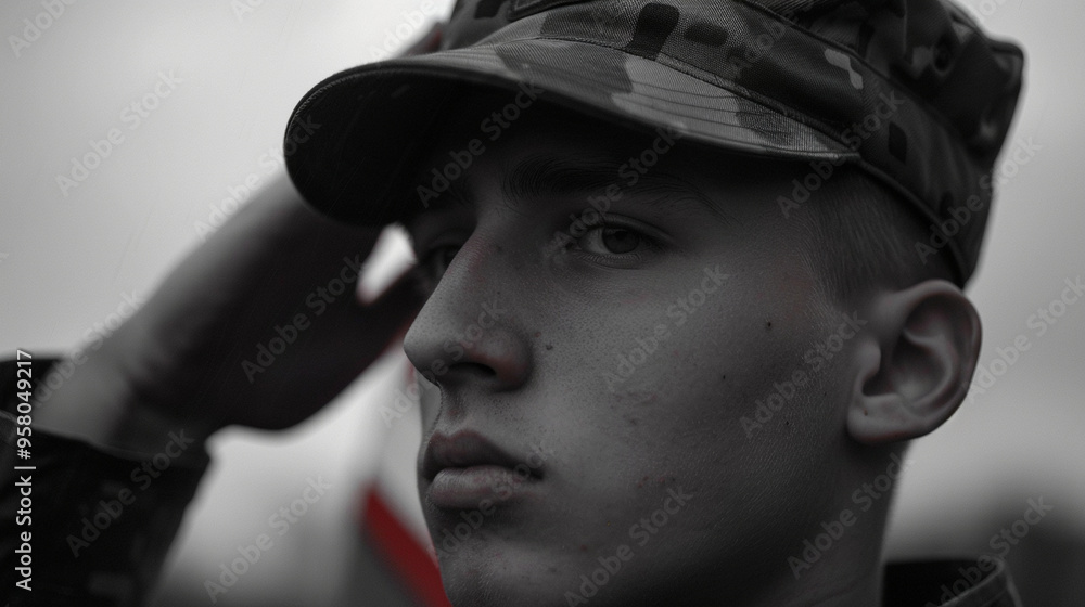 Medium close-up of a soldier saluting, with a serious expression and a flag in the background. Medium close-up of a soldier saluting, with a serious expression and a flag in the background.