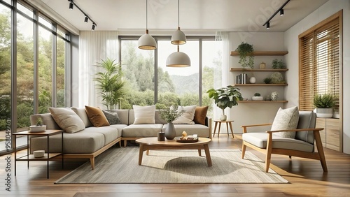 * A serene home interior features minimalist furniture, soft neutral hues, and natural elements, creating a calming