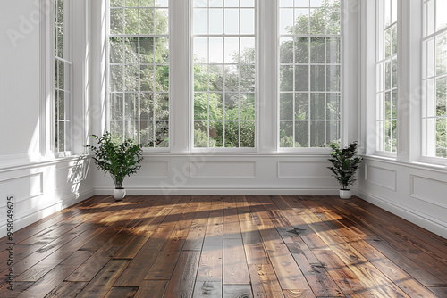 stock photo features an empty room with white walls, hardwood floors, and large windows, creating a sense of spaciousness and potential for customization or decoration  photo