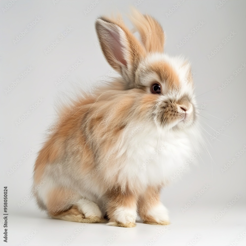 A fluffy lopeared rabbit sits on a white background A fluffy lopeared rabbit sits on a white background