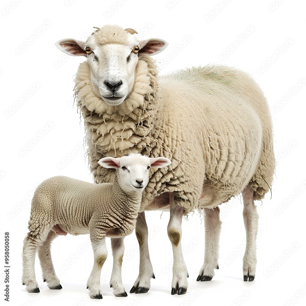Fototapeta premium A Mother Sheep Standing Next to a Baby Sheep